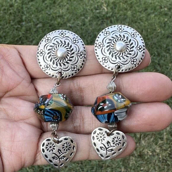 VTG Dangle Drop Earrings‎ Heart Medallion Glass Beads Multicolor Floral 2.5" - Picture 5 of 7